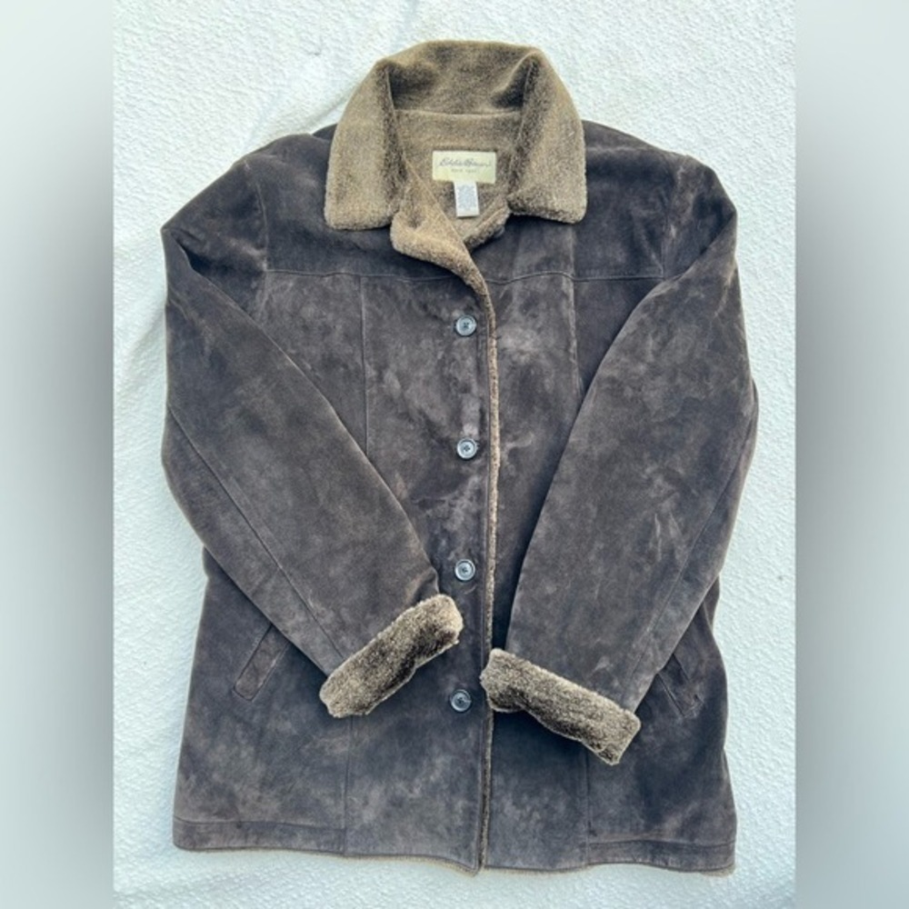 Eddie Bauer Genuine Suede Leather Jacket Faux Shearling Fur Coat Brown XXL Women